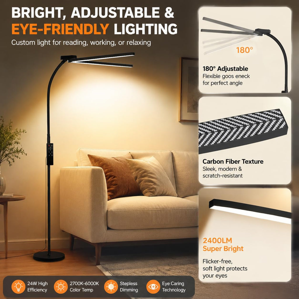 Dual Head LED Floor Lamp, 24W with Remote Control