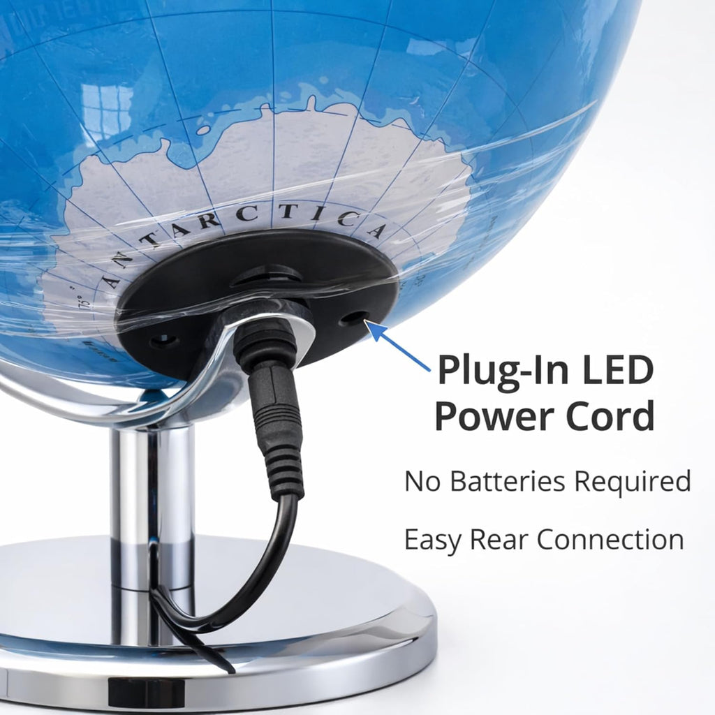 LED Illuminated World Globe with Chrome Rotating Stand - Desk Display Globe with Lighted Map, Metal Base, Plug