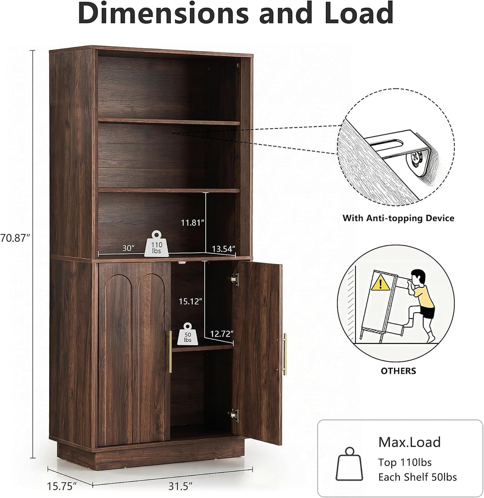 71" Tall Bookcase, 3-Tier Bookshelf with Storage, Walnut | Mid Century Modern Wood Storage Cabinet, Minimalist Arched