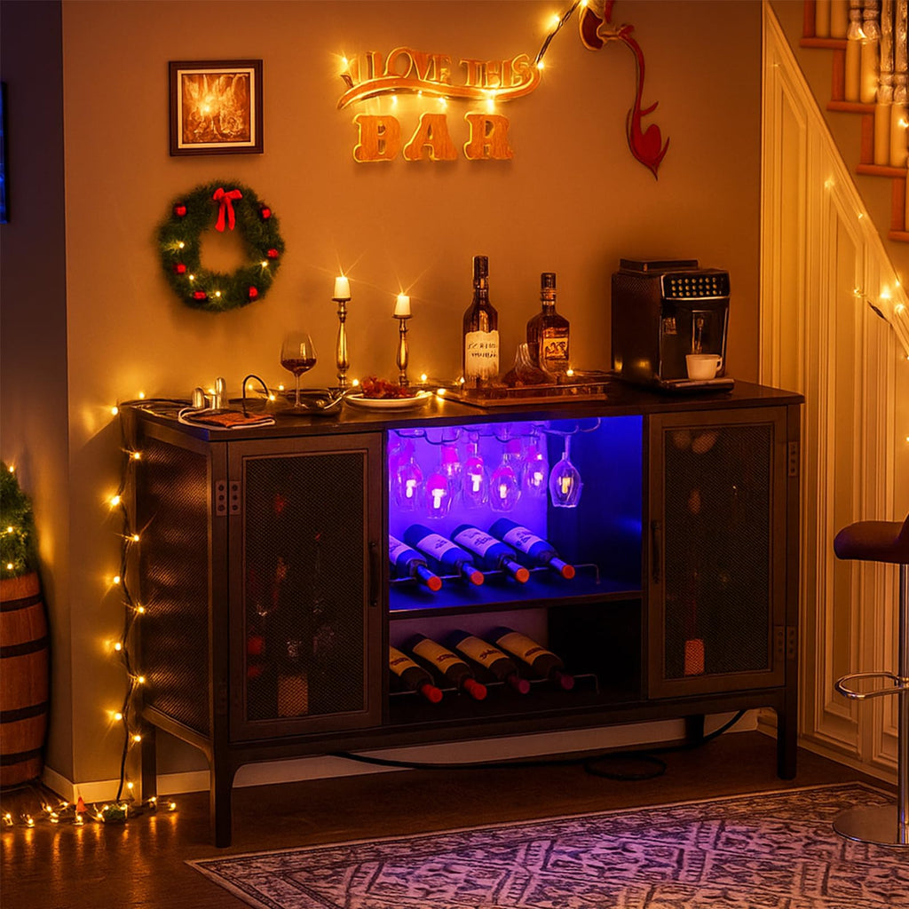 Wine Bar Cabinet with Power Outlets & LED Lights, Black