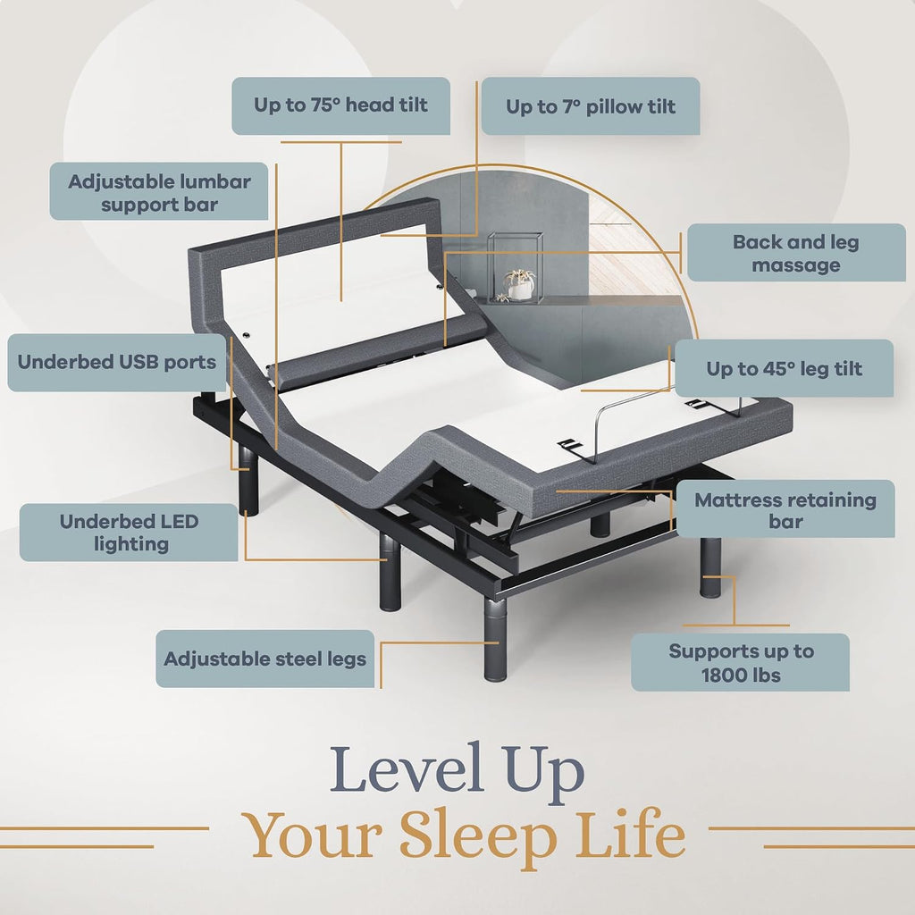 Bliss Adjustable Bed Base Frame Only, Head and Foot Lift, Lumbar Support, Head-Pillow-Tilt, Massage, Under-Bed