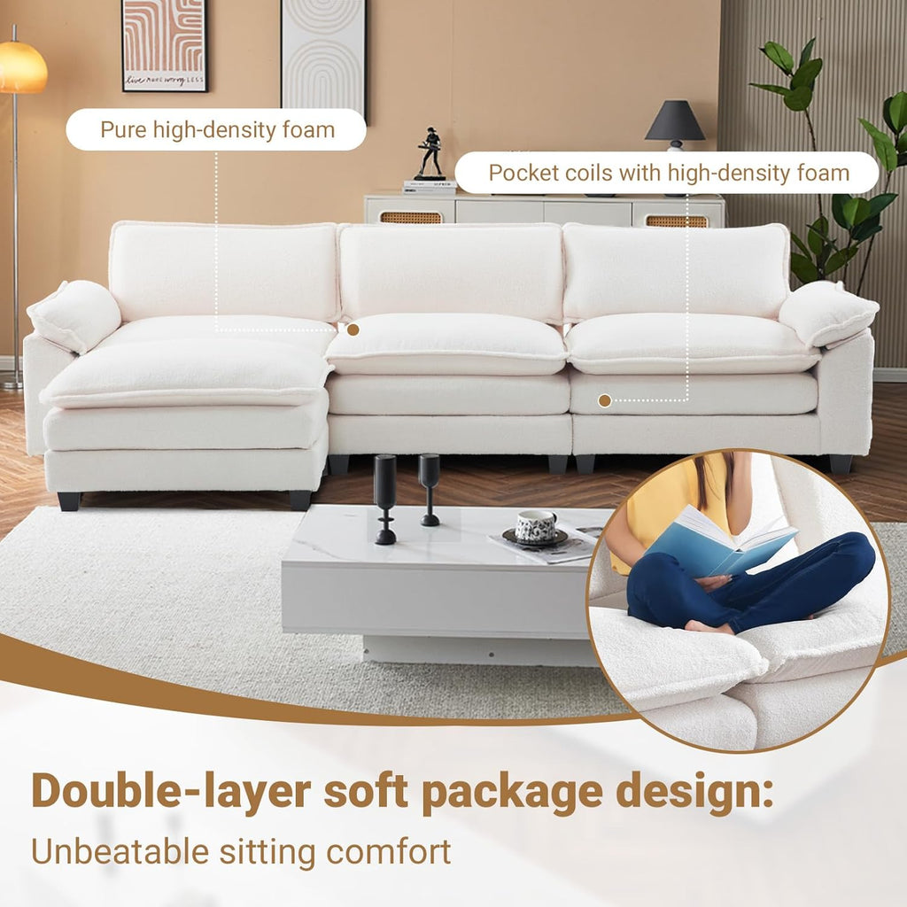 122" Cloud Teddy White Convertible Sectional Sofa