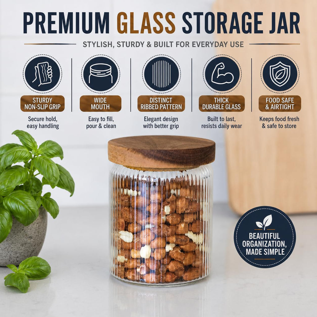 Ribbed Glass Jar with Wooden Lid 17oz, Set of 3 | Airtight Fluted Storage Canisters for Food, Tea, Coffee