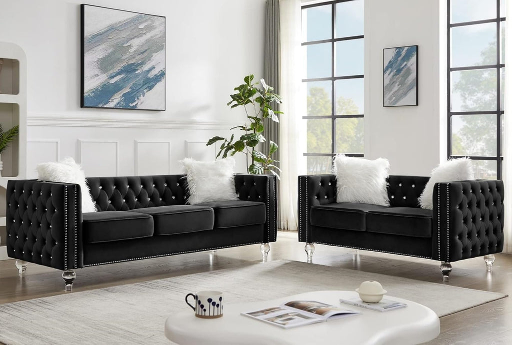 2 Piece Chesterfield Sofa Couch Set, Luxury Crystal Button Tufted Sofas with Silver Nailhead Trim Set of 2, Including