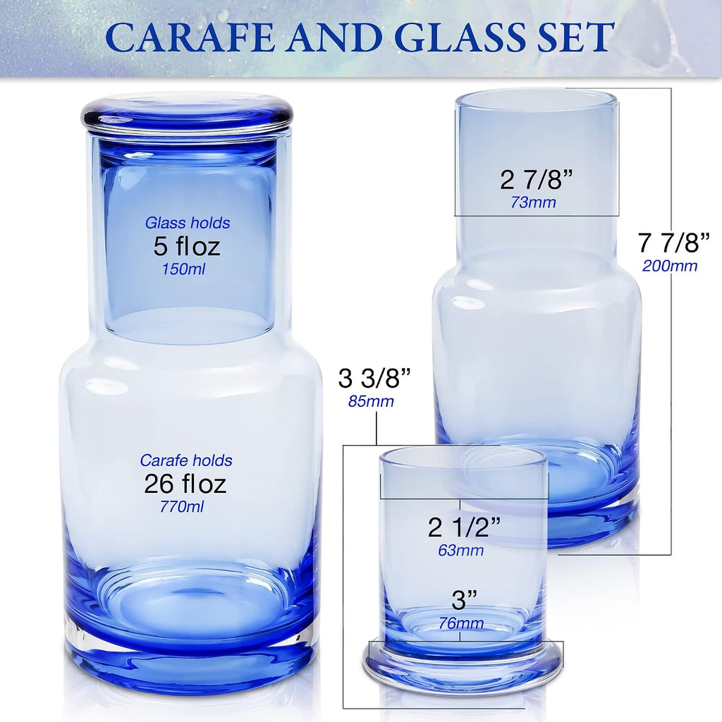 Ombre Blue Bedside Water Carafe and Glass Set, 5 oz Glass Carafe with Matching Glass Lid, Drip-Free Pour Design