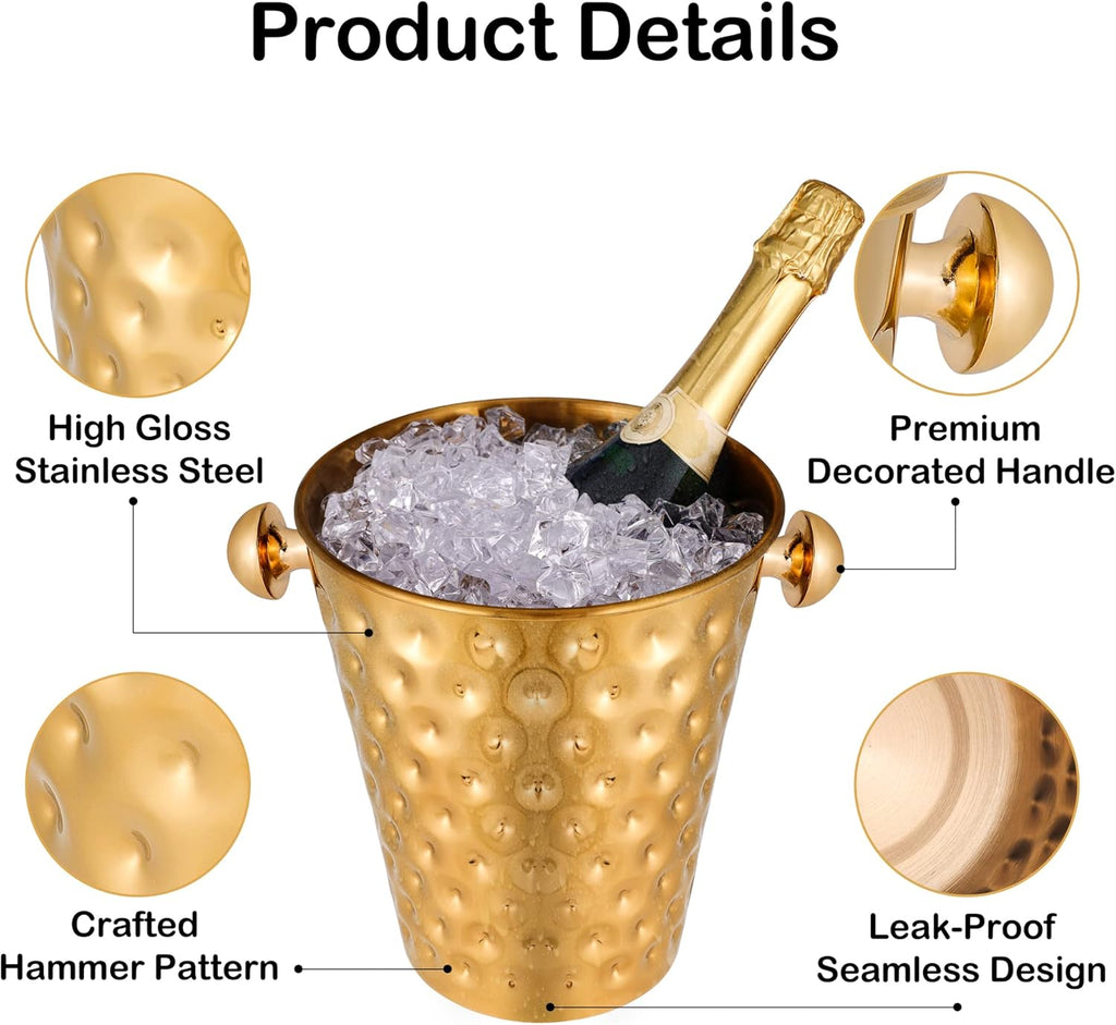 5-Quart Metal Golden Champagne Bucket, Hammered Mirror Finish Stainless Steel Ice Bucket for Party, Wedding, Banquet