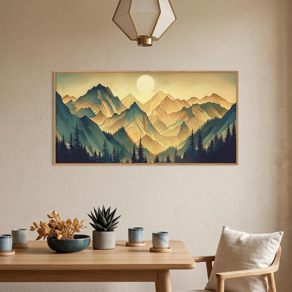 Boho Green Mountain Landscape Framed Canvas Wall Art Set, Abstract Sun Forest Scenery Wall Decor, Bohemian Ridge Lines