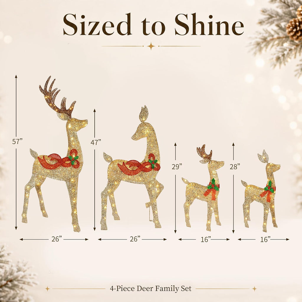 58" 4-Piece 3D Lighted Christmas Deer Family Outdoor Decorations, Large Gold Reindeer Set with 188 Warm White Lights