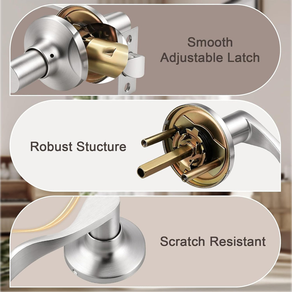 10 Pack Satin Nickel Modern Interior Passage Door Knobs, Keyless Door Handle & Closet, Wave Style Non-Locking Door