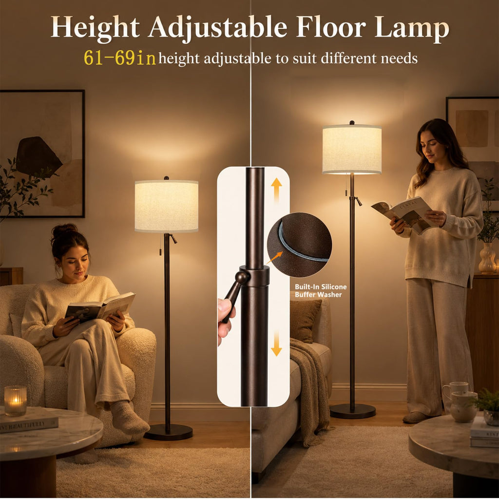 61-69" Adjustable Floor Lamp, Tall Standing Lamp, 3Way Bulb, Pull Chain