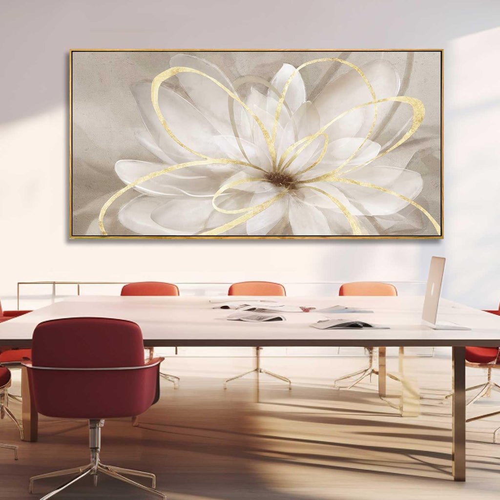 Large Framed Gold And White Floral Wall Art, 29x58 In
