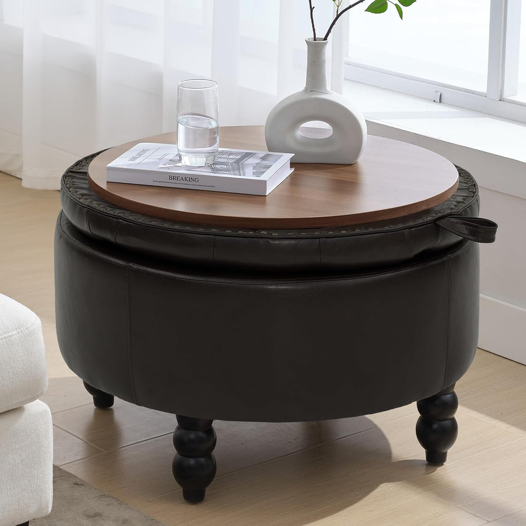 30 Inch PU Leather Round Storage Ottoman with Tray, Modern Upholstered Tufted Coffee Table with Storage, Large