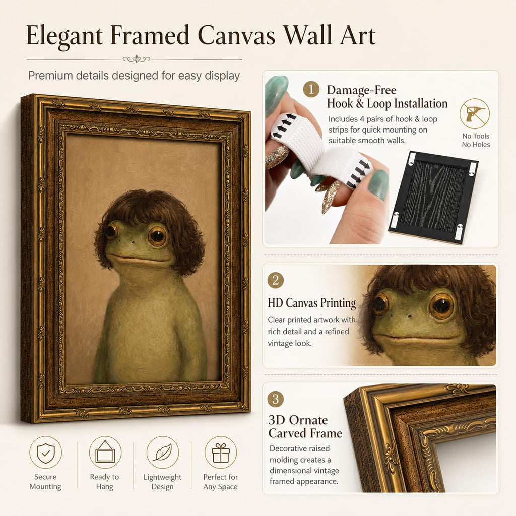 Gold Framed Funny Frog Portrait Wall Art, Quirky Canvas Print, 24x16
