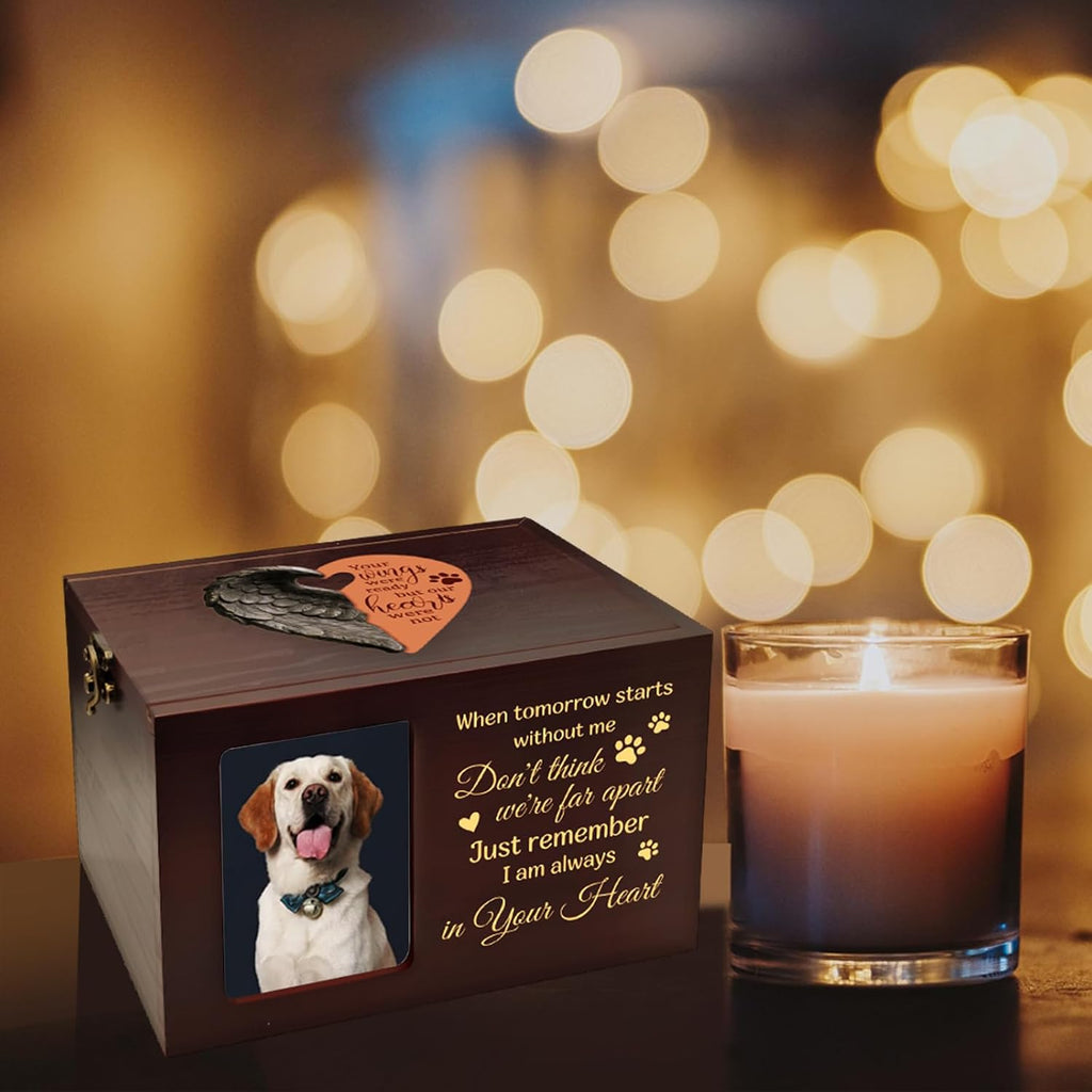 Pet Urns for Dog or Cat Ashes, Wooden Dog Urn for Ashes Memorial Keepsake Box with Photo Frame, Large Pet Cremation