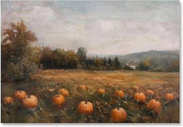 Autumn Pumpkin Field Wall Art Rustic Fall Harvest Landscape Poster Vintage Country Farmhouse Oil Painting Wall Decor