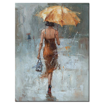 Wall Girl Umbrella With Khaki Dress Walking in Street Rain Painting Modern Canvas Abstract Artwork