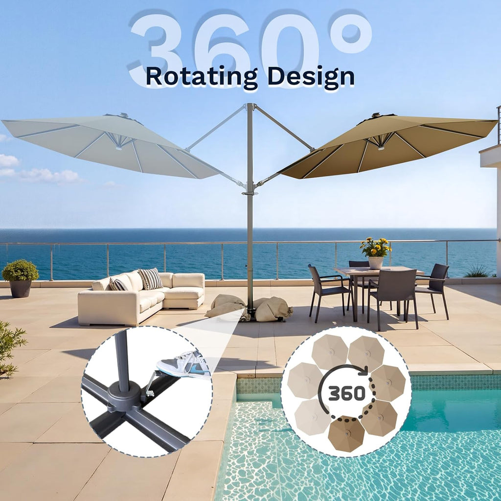10ft Solar LED Patio Umbrella, Round Cantilever Outdoor Umbrella with Solar Lights and 360-Degree Rotation