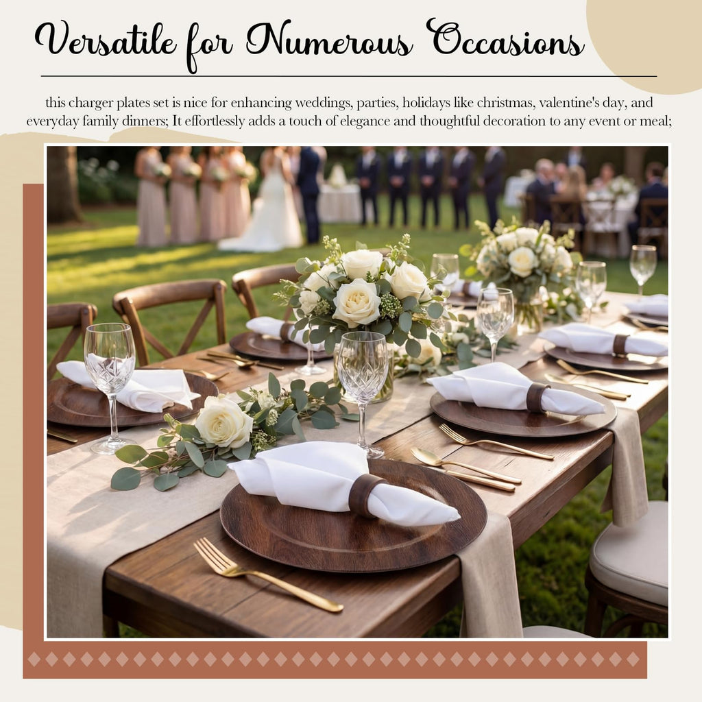 24 Pack 13" Brown Round Chargers for Dinner Plates, 12 Pcs Handmade Acacia Wood Napkin Ring, Farmhouse Faux Wood