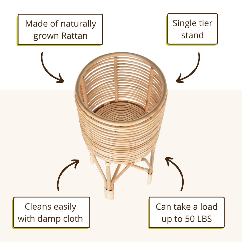 Rattan Two-Tier Plant Stand, Indoor Boho Planter Shelf, Medium Brown