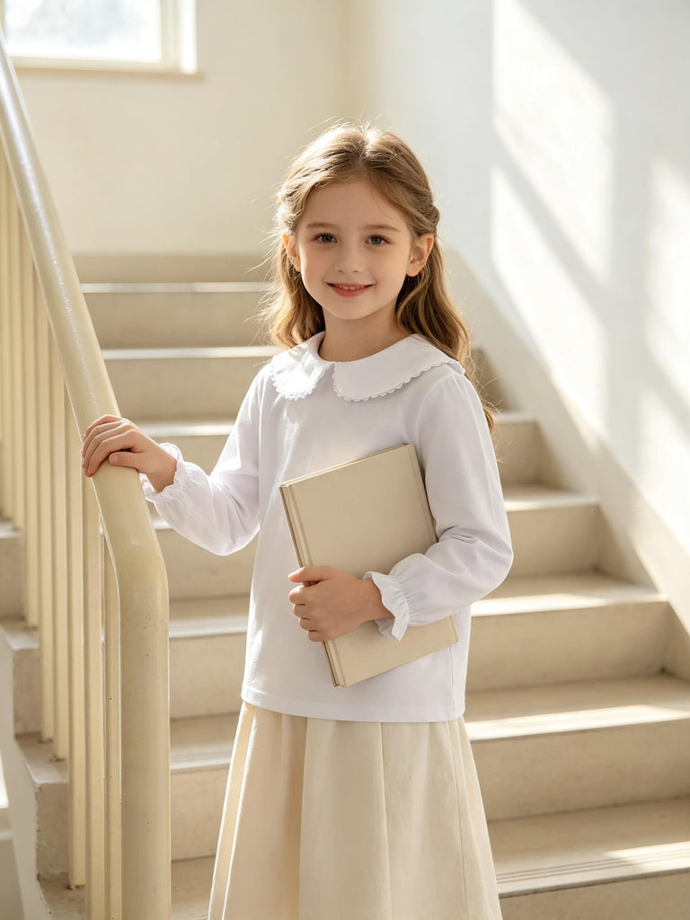 Baby Ruffle Blouse Toddler Girl Peter Pan Lace Collar T-Shirts Kids Solid Color Long Sleeve Tee Girls Casual
