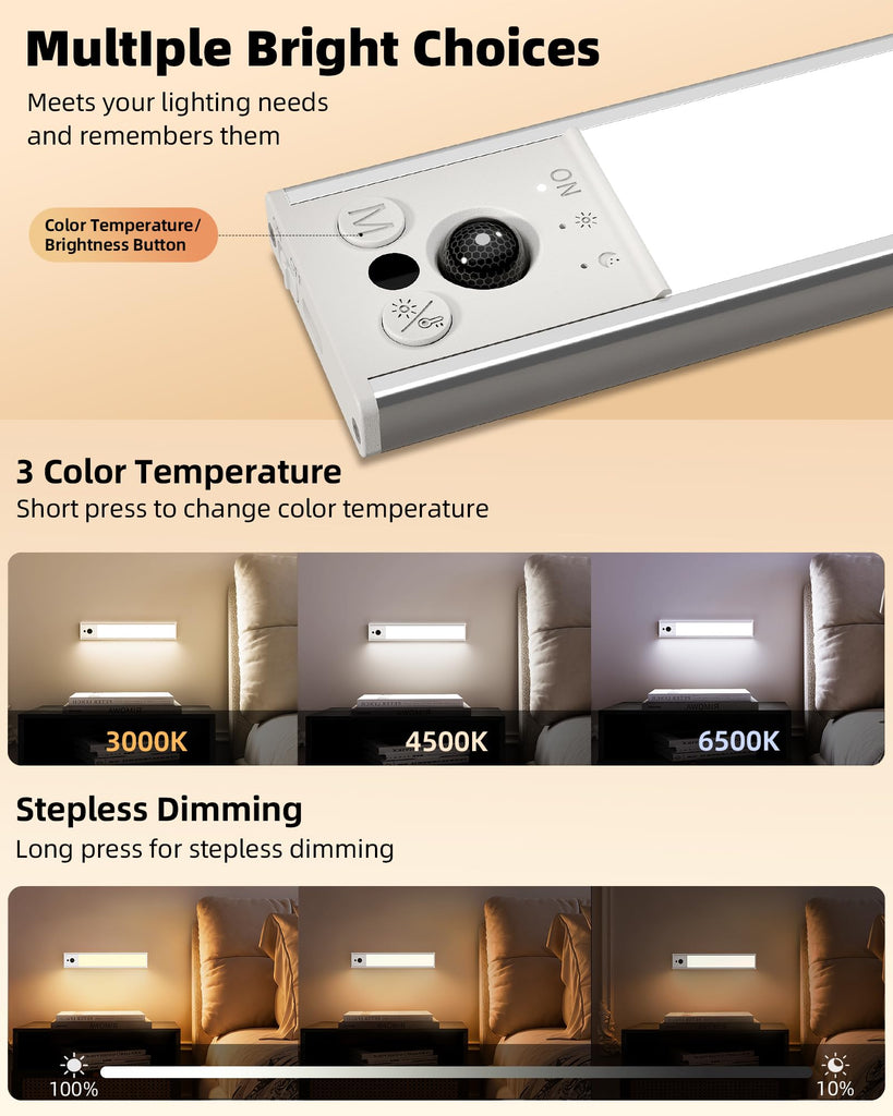 10inch Under Cabinet Lighting, 2 Pack 2400mAh Rechargeable Wireless Motion Sensor Lights Indoor, 3 Color Temps