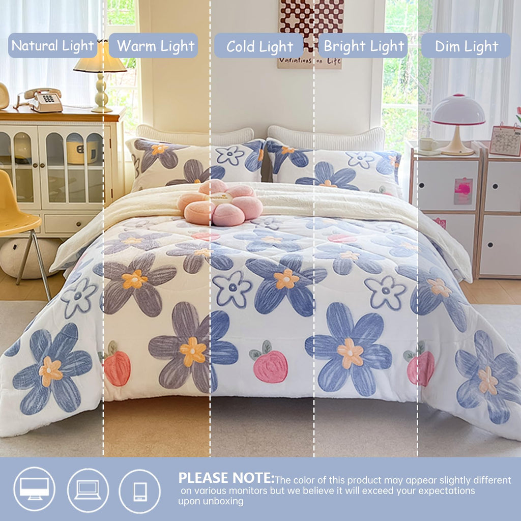 Blue Floral Fleece Comforter Set, 3 Piece Sherpa Bedding Set