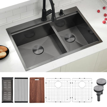 30x22 Black Drop Sink Double Bowl, 30 Inch 16Gauge Black Stainless Steel Drop Sink, 60/40 Topmount Workstation Double