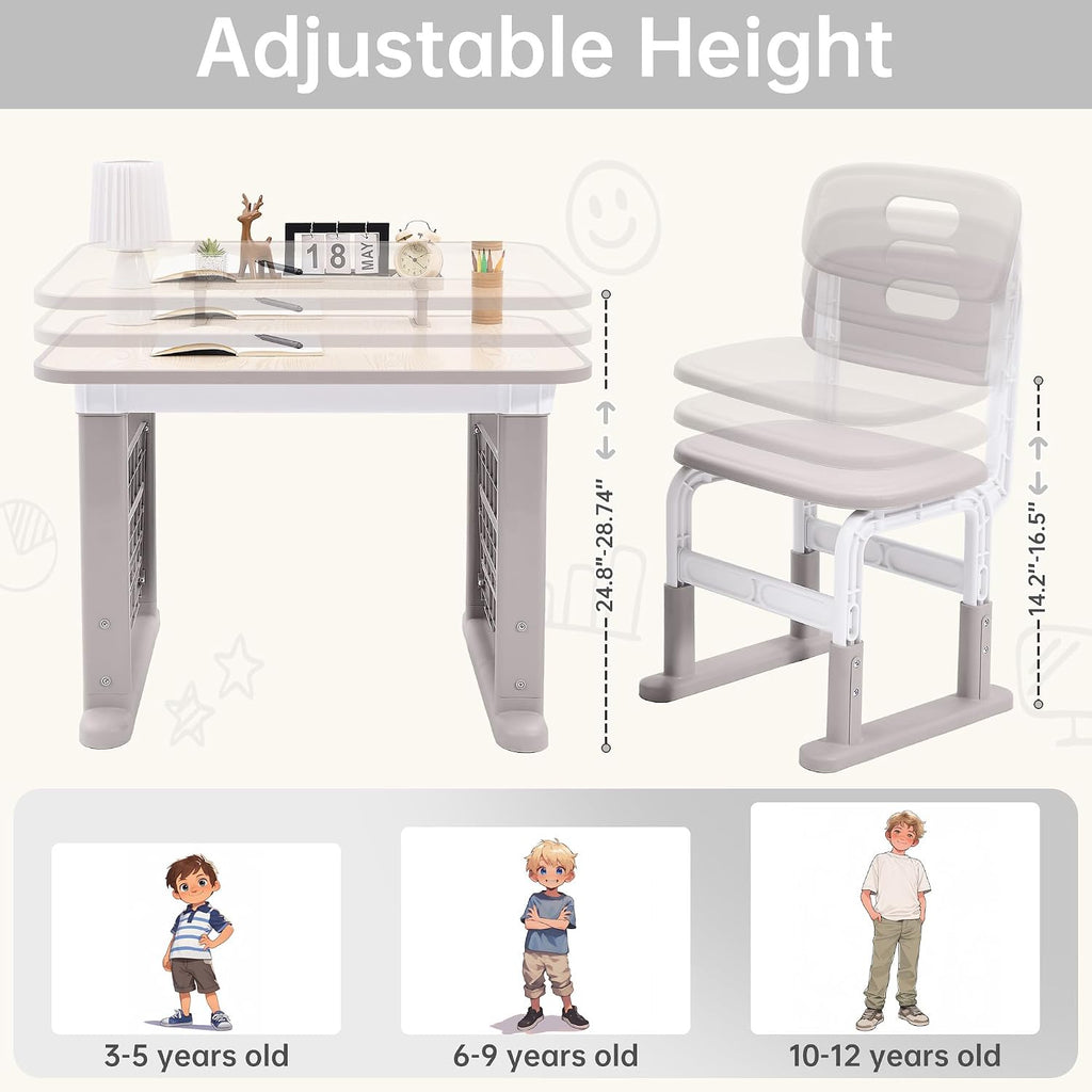 Kids Desk and Chair Set, Height Adjustable Childrens Study Desk, Graffiti Table for 3-12 Years, Kids Art Table