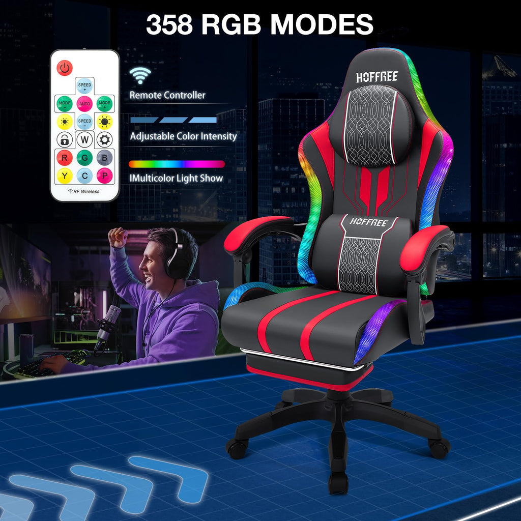 Gaming Chair with LED Lights Speakers Massage Big Tall Computer Chair-Red