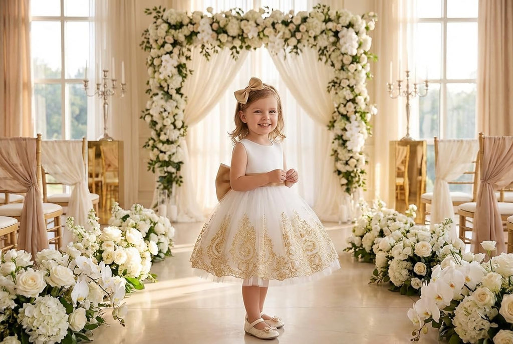 Big Bowknot Toddler Baby Girls Formal Dresses Pageant Party Lace Embroidery Dress with Headwear
