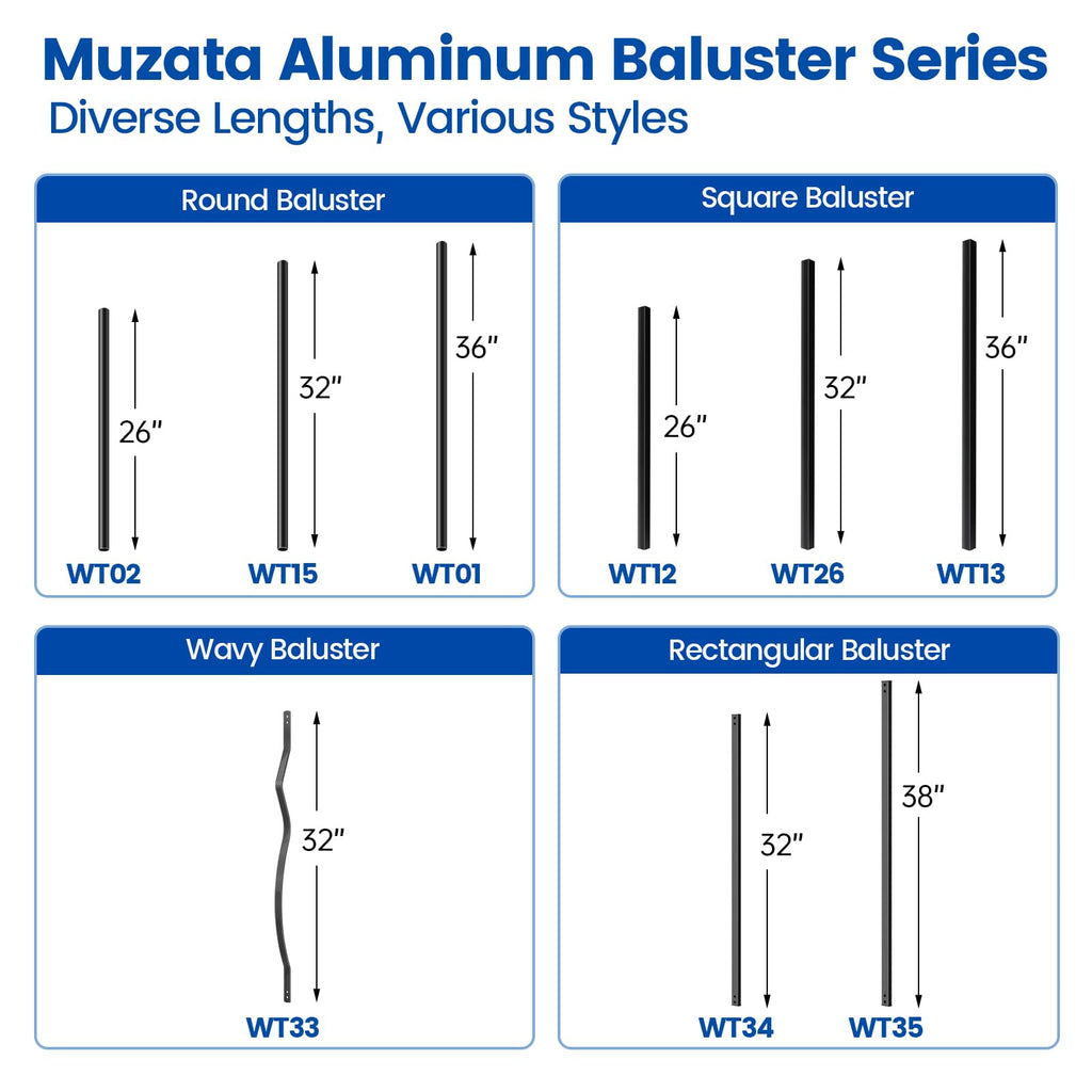 25Pack 38" Black Aluminum Side Mount Rectangular Deck Balusters WT35