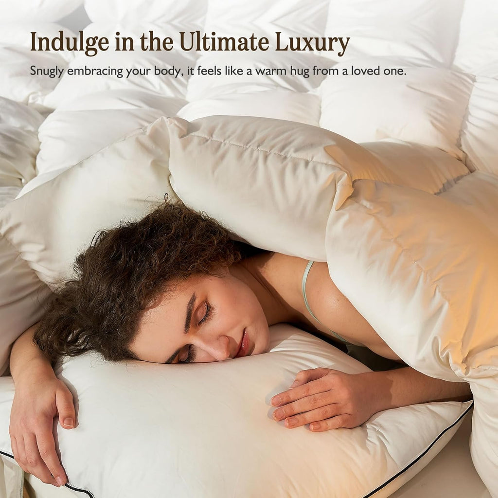 Feather Down Comforter Queen, Hotel-Luxury Fluffy Duvet Insert with Organic Cotton Cover and Puffy F