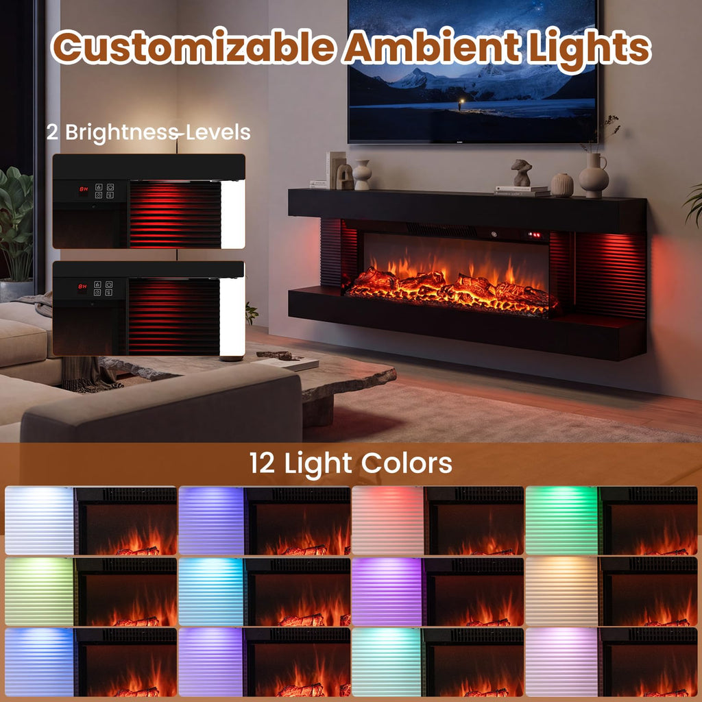 3 Sided Wall Mount Electric Fireplace w/ 40" Floating Mantel, Black