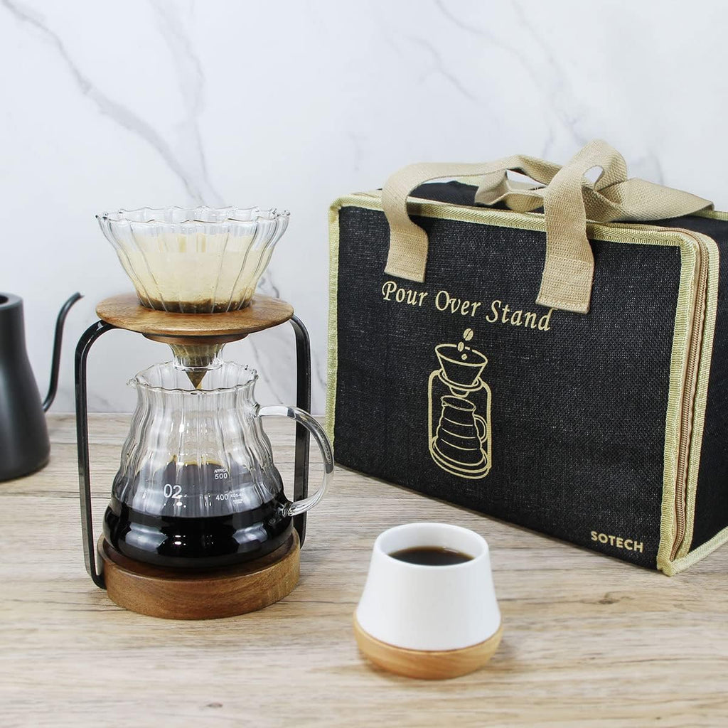 Pour Over Coffee Station Dripper Stand Coffee Filter Wooden Filter Holder Glass Server with Paper Coffee Filters