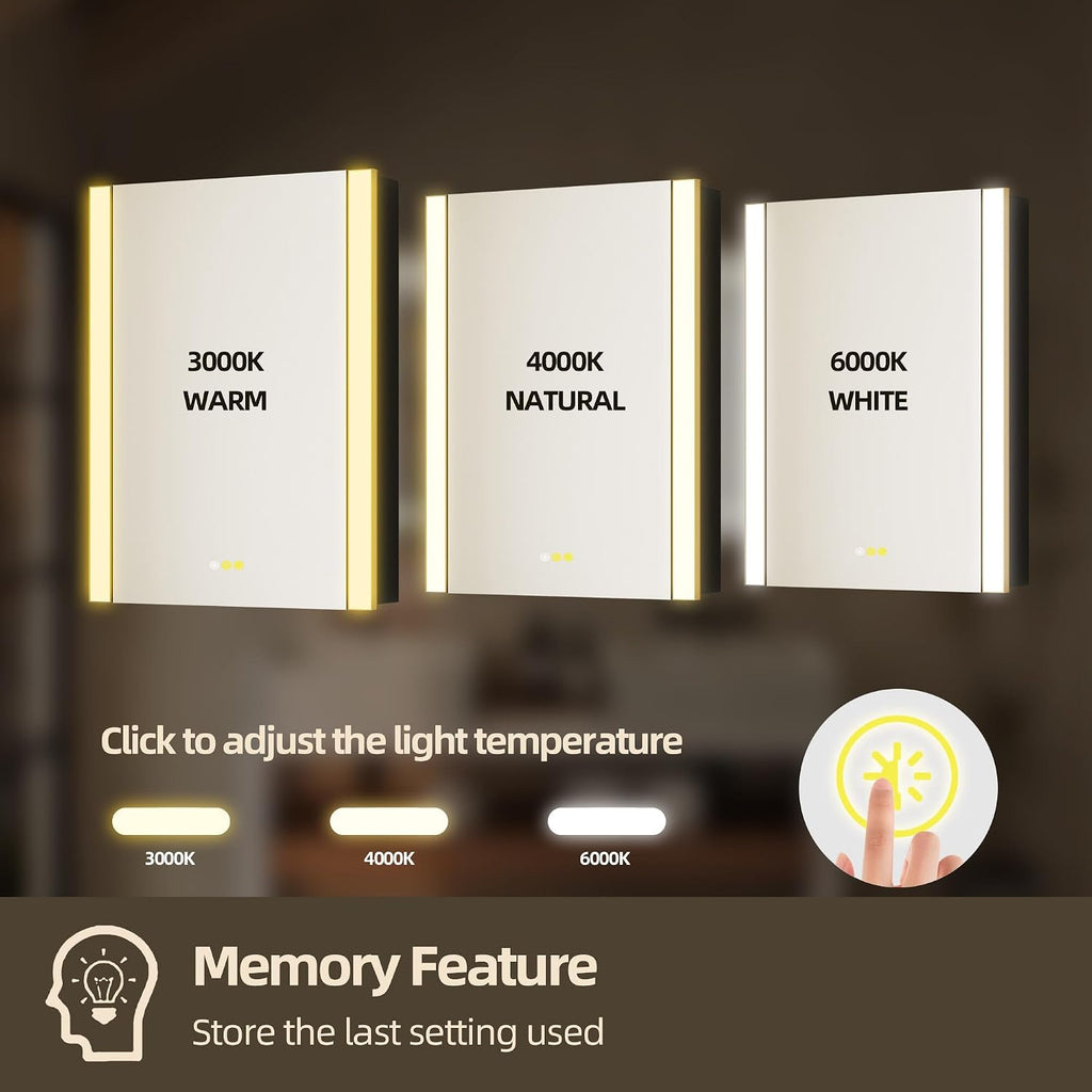 LED Medicine Cabinet with Light, 24x36 in, Gold Frame, Defogging, Adjustable Glass Shelves, Outlet and USB (24x36in)
