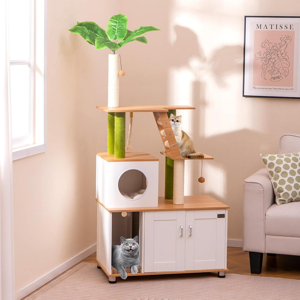 Cat Tree with Litter Box Enclosure, Multi-Level Modern Cat Tree Tower with Sisal Scratching Posts, Cat Condo, Ladder