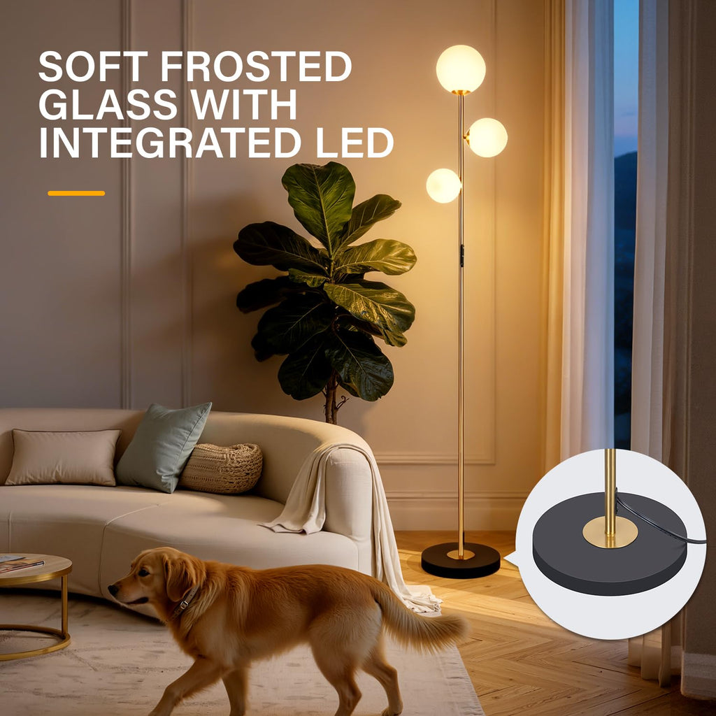 3 Globe Floor Lamp - Mid Century Modern Standing Light with 3 Color Temperatures, LED Frosted Glass Shades (Gold)