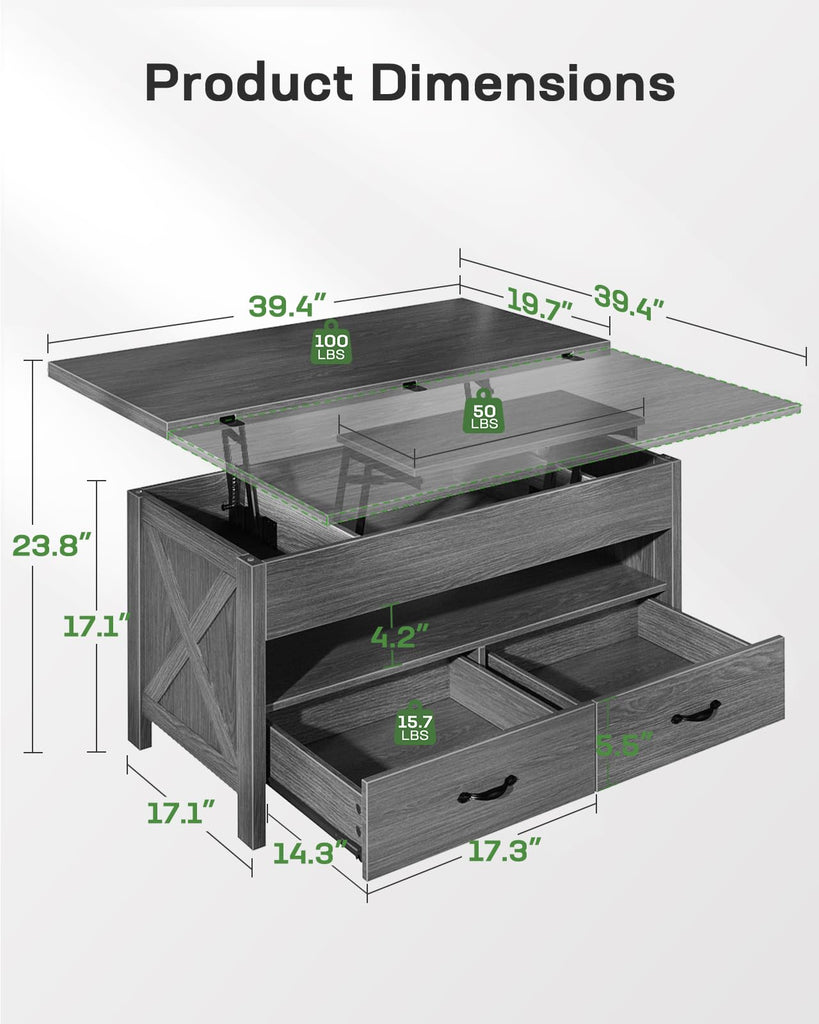 40" Lift Top Coffee Table, 4 in 1 Coffee Table with Hidden Compartment, 1 Open Shelf and 2 Drawers, Multifunctional