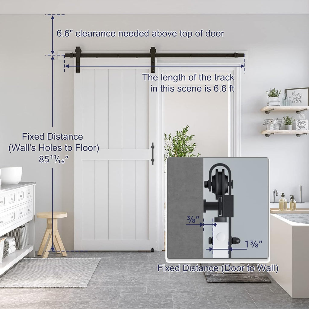 36 x 84 inch White Sliding MDF Barn Door with 6.6FT Black Sliding Door Hardware Kit & Handle, Pre-Dr