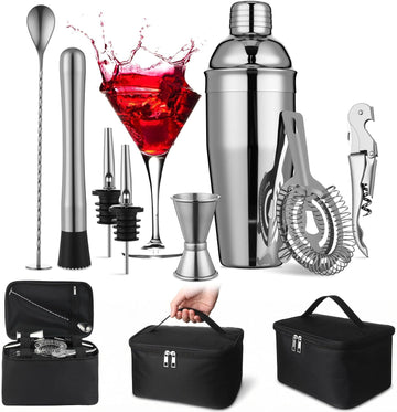 Travel Bartender Kit Cocktail Shaker Set with Bag 25oz Martini Shaker Kit, Ice Crusher, Wine Opener, Strainer - Set of 9