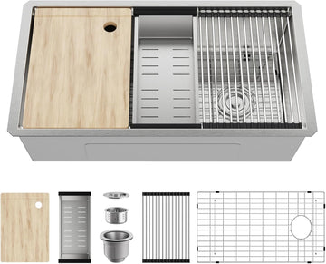33 Inch Kitchen Sinks Undermount - 33" x 19" Stainless Steel Undermount Workstation 16 Gauge Single Bowl Deep Under