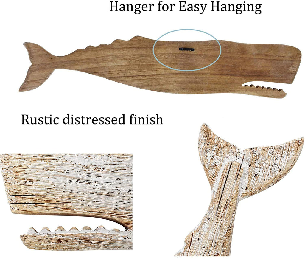 Hanging Wooden Whale Wall Art Ornament, Rustic Decorative Figurine Carving Sculpture, Nautical Ocean Beach Coastal