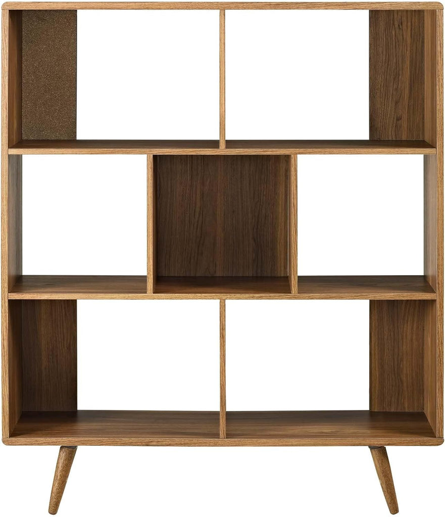 Mid-Century 7 Cubby Bookcase, Walnut Wood Grain Laminate, Particleboard, 52.5" H x 45" W x 11.5" D, Open Storage with