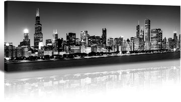 Chicago Skyline Canvas Wall, 14x48 inch Large Black White Decor