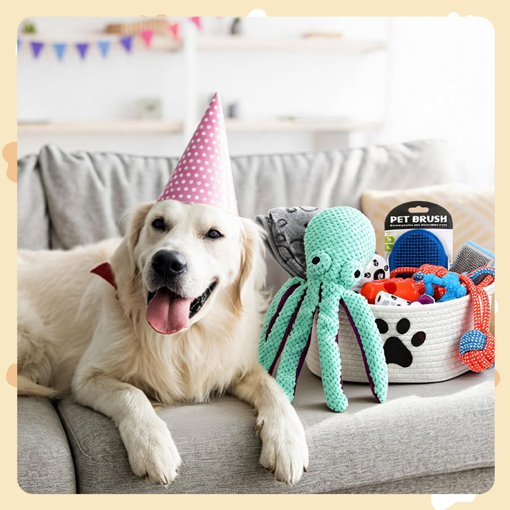 17 Pcs Puppy Gift Set, Dog Toy & Essentials Bundle, White, Octopus