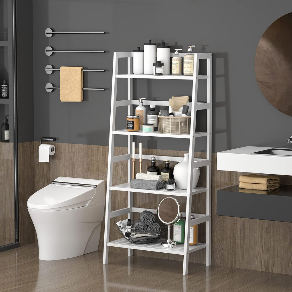 White Ladder Shelf, Bamboo 4-Tier Bookshelf & Bookcase Organizer