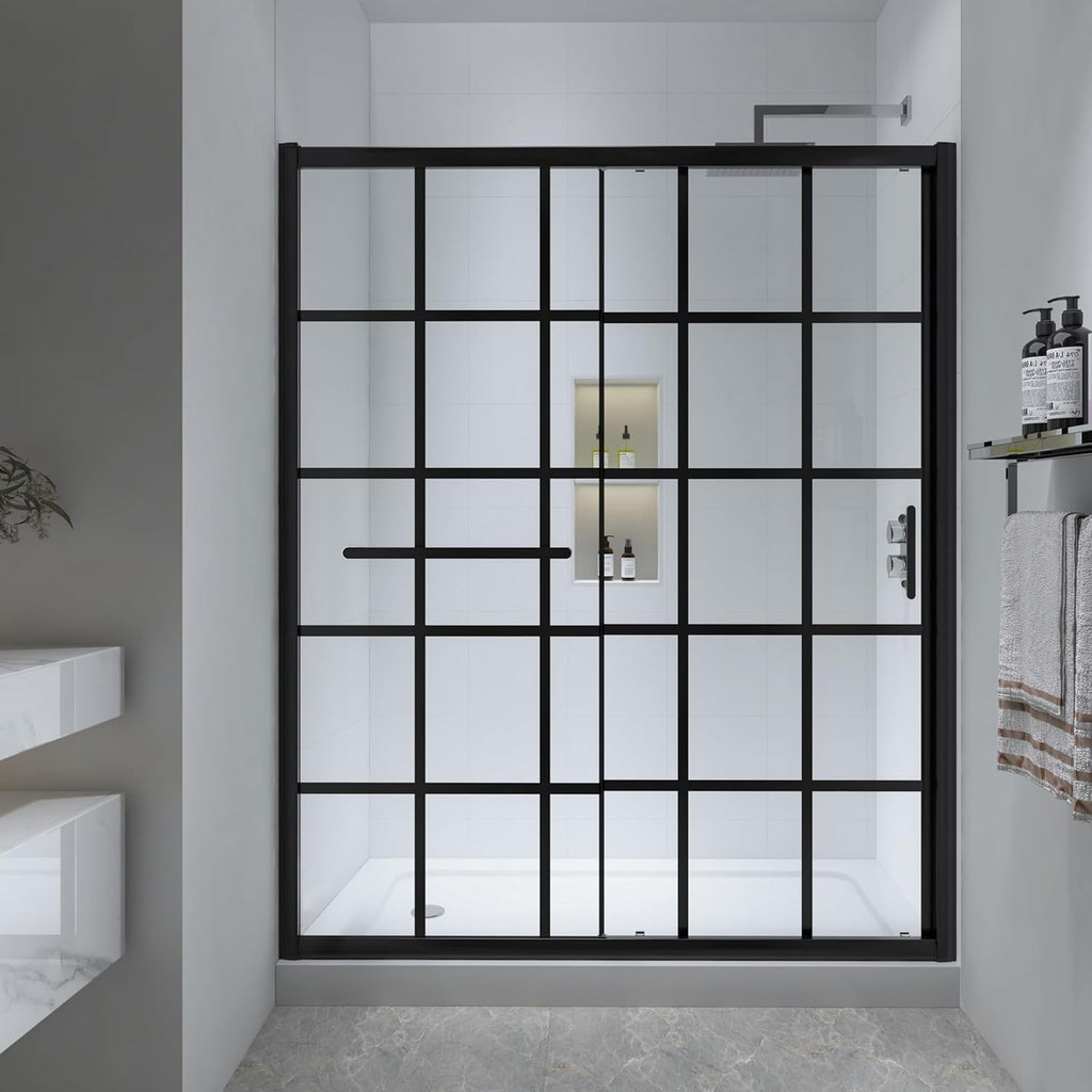 Black Grid Sliding Shower Door 55-60" W x 72" H, Matte Black, Single Sliding Door, Framed
