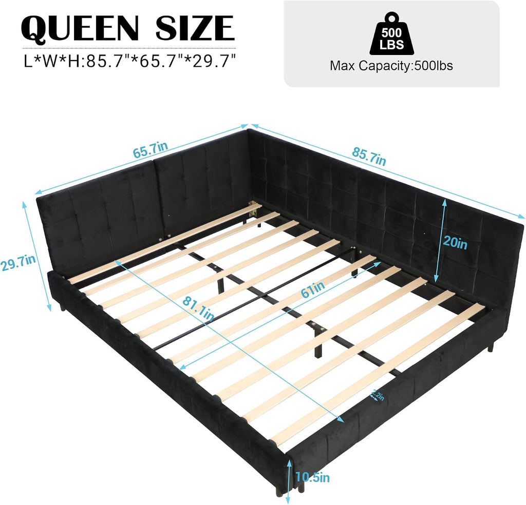 Queen Size Daybed L-Shaped, Modern Velvet Upholstered Sofa Day Bed Frame with Wood Slats Bedroom Guest Room, No Box