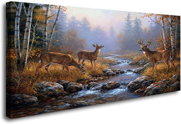 Deer Wall Art Autumn Forest Canvas Print Wildlife Landscape Painting Framed Yellow Rustic Nature Animal Pictures for