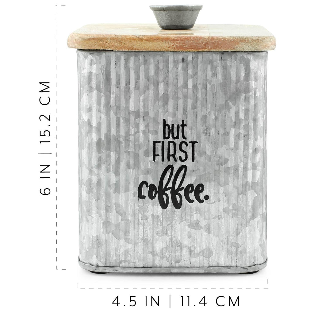 Farmhouse Galvanized Canisters (Set of 3); Storage Containers for Coffee, Tea and Sugar in Galvanized Iron and Wood
